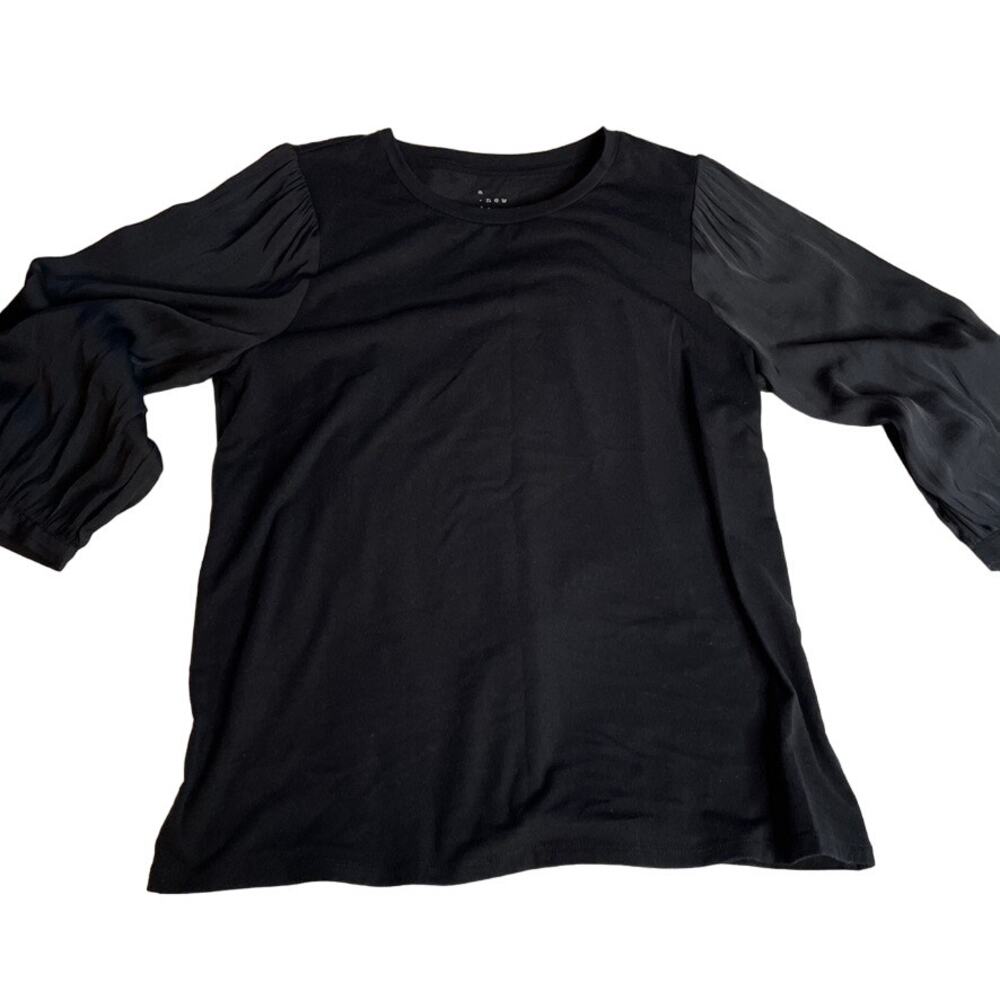 A New Day Womens Medium Black Mixed Media Satin Puff Sleeve Knit Top Blouse